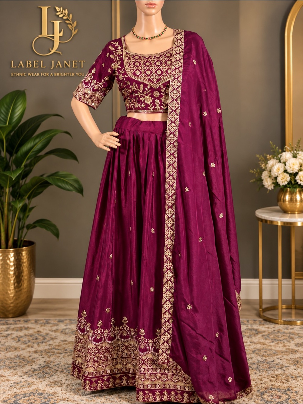Women's Embroidered Maroon Lehenga Skirt,Size - M (38”)
